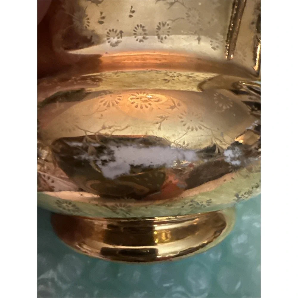 Vintage Gold Floral Cream Lusterware Vase Urn Handled  Collectible 22K Gold Flaw